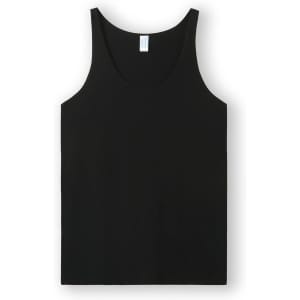 A black men's singlet featuring a simple design and a logo on the label. Suitable for casual wear.