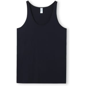 A men's American style singlet in black, featuring a simple design and a branded label.