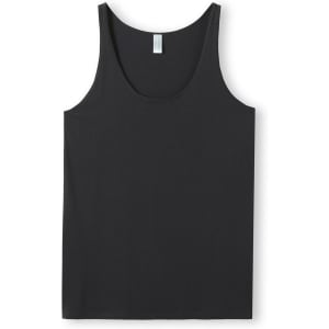 A black men's American style singlet featuring a relaxed fit and a tag label at the neckline.