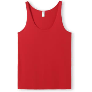 A red men's singlet featuring a scoop neck and a simple design. The singlet has a logo on it.