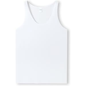 A white men’s singlet featuring a round neckline and a smooth texture. It has a logo on the label.