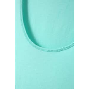 A close-up of a mint green women's singlet featuring a wide neckline and smooth fabric texture.
