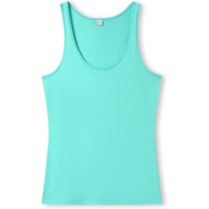 A light teal women's singlet with a scoop neckline and a fitted style, featuring a logo on the label.