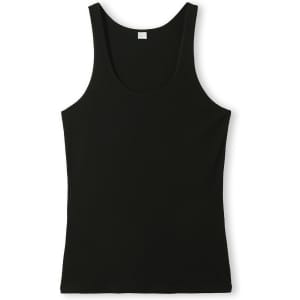 A black women's singlet with a scoop neck and wide shoulder straps. It features a branding logo.