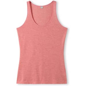 A women's American style singlet in a soft coral colour, featuring a scoop neckline and a logo.