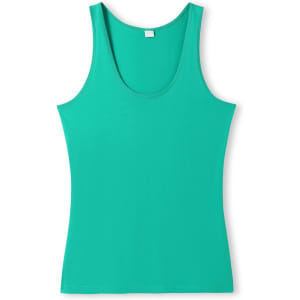 A teal women's singlet with a scoop neck and no sleeves. The product features a branding logo.