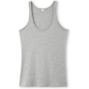 A grey women's singlet with a scoop neck and thin straps, featuring a branding logo.