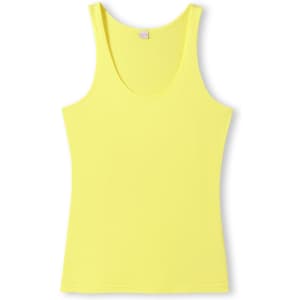 A women's American style singlet in bright yellow with a fitted design and shoulder straps. It features a logo.