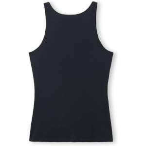 A black women's singlet with a sleeveless design and fitted style, featuring a logo.