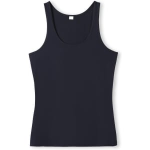 A black women's singlet with a scoop neckline and narrow shoulder straps, featuring a logo.