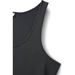 A dark grey women's singlet featuring a rounded neckline and a narrow strap design. Includes a logo.