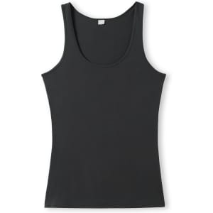 A black women's American style singlet with a scoop neckline and a fitted design. Features branding.