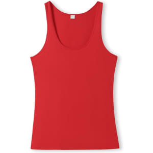 A red women's singlet with a scoop neckline and a fitted design, featuring a small logo.