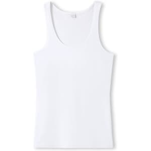 A white women's singlet with a scoop neckline and a fitted design, featuring a logo.