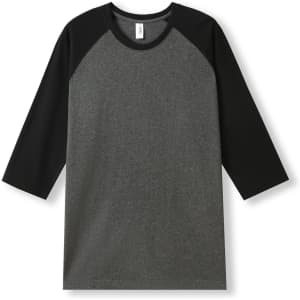 Men's unisex 3/4 sleeve raglan T-shirt in grey with black sleeves. Features a logo.