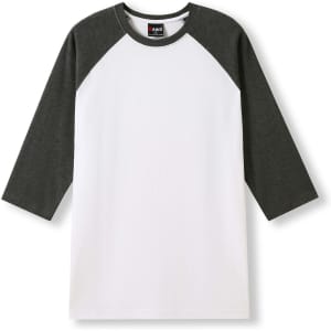 A unisex 3/4 sleeve raglan T-shirt featuring a white body and grey sleeves. It has a logo on the front.