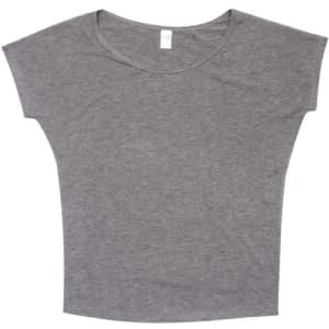 A grey women's bat wing T-shirt with a relaxed fit and short sleeves. It features a logo on the label.