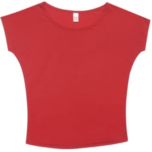 A red women's bat wing T-shirt with a wide neckline and short sleeves. It features a logo.
