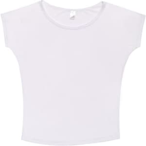 A white Women's Bat Wing T-shirt with a wide neckline and short sleeves. It features a logo at the neck.