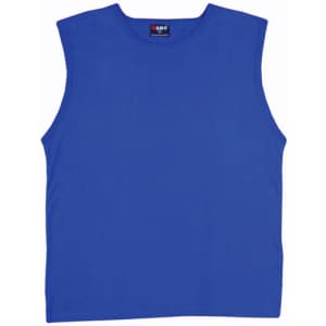 A blue men's muscle T-shirt with a sleeveless design and a branded tag.