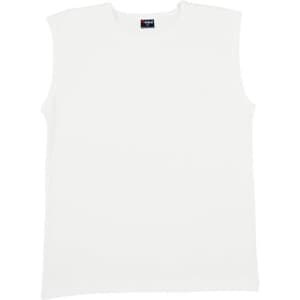 A white sleeveless muscle t-shirt featuring a logo at the neckline. Ideal for casual wear.