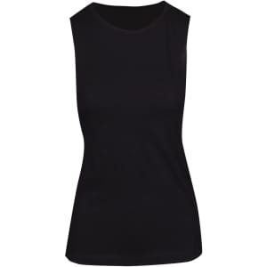 A black sleeveless tee from the Greatness Range, featuring a smooth, fitted design and casual style.