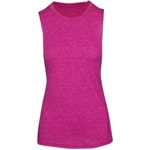 A sleeveless women's tee in bright pink, featuring a heathered texture and a simple design.