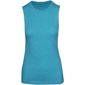 A sleeveless tee in a vibrant turquoise hue, featuring a fitted design and a simple branding logo.