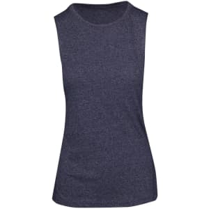 A sleeveless women's tee in dark heather grey featuring a fitted design and a simplistic style.