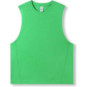 A sleeveless tee in a vibrant green colour, featuring a simple design and a logo. Perfect for casual wear.