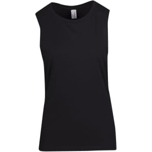 A black women's tank top with a sleek, sleeveless design and a logo on the label.