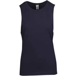 A women's sleeveless tank in navy blue, featuring a simple design and a logo. Made from soft combed cotton.