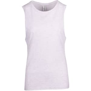 A women's sleeveless tank in light grey, featuring a round neckline and a subtle logo.