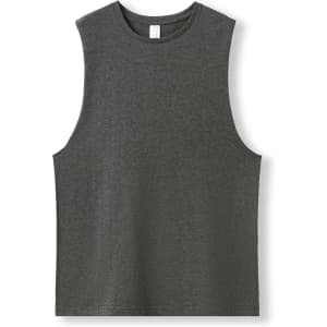 A grey combed cotton tank top with a sleeveless design and a logo near the collar.