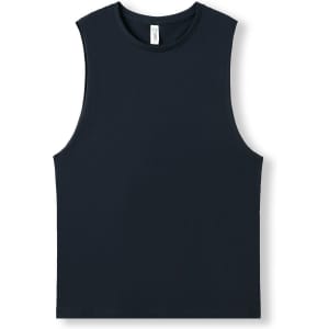 A navy unisex combed cotton tank top with a logo on the label. It features a sleeveless design.