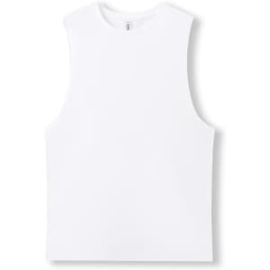 A white unisex combed cotton tank top with a logo on the inside label. Suitable for casual wear.