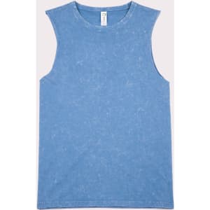 A stone-washed blue tank top with a sleeveless design and a branding label at the neckline.