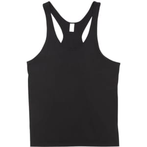 A black men’s T-back singlet with a racerback design and a blank tag. Simple and versatile style.