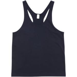 A black men’s T-back singlet with a sporty design and a logo on the back.
