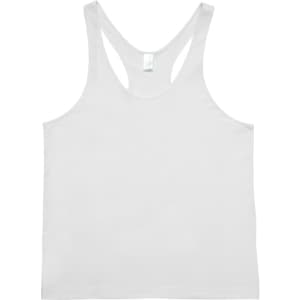 A white men's T-back singlet with a smooth fabric finish and a label at the neckline.