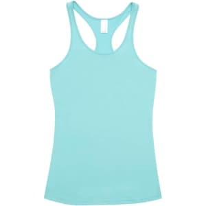 A light turquoise women's T-back singlet with a racerback design. It features a plain style and has a branding logo.
