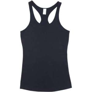 A black women's T-back singlet featuring a fitted design and a simplistic style. The vest has a logo on the tag.