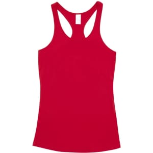 A red women's T-back singlet with a fitted design and racerback style. Features a logo on the label.