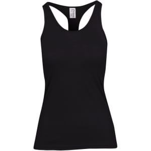 A black women's athletic T-back singlet featuring a sleek design and a logo.