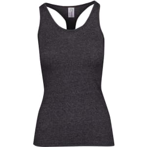 A black athletic T-back singlet with a fitted design and a logo on the inner label.
