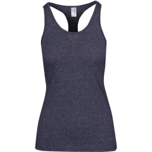 A women's athletic T-back singlet in a dark grey hue, featuring a simple design and a branded label.