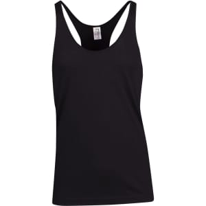 A black athletic T-back singlet with a sleek design and a logo on the label.
