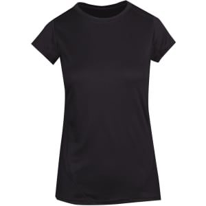 A black Women's Accelerator Cool-Dry T-shirt with short sleeves and a simple design. It features a logo.