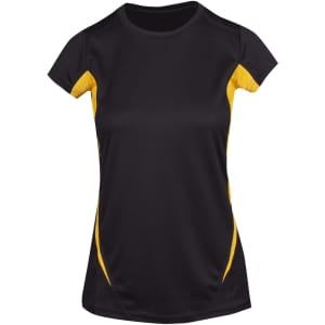 A black women's T-shirt with yellow accents and a logo on the front. Features a cool-dry fabric.