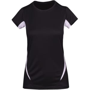 A black women's cool-dry T-shirt with white accents and a fitted design. It features short sleeves and a logo.